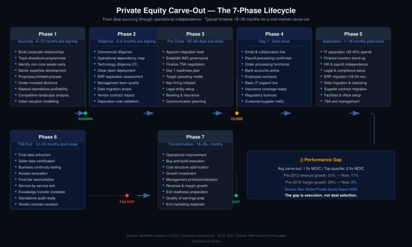 Private equity carve-out lifecycle diagram showing 7 phases from sourcing through operational transformation, with key milestones for signing, close, TSA exit, and exit.
